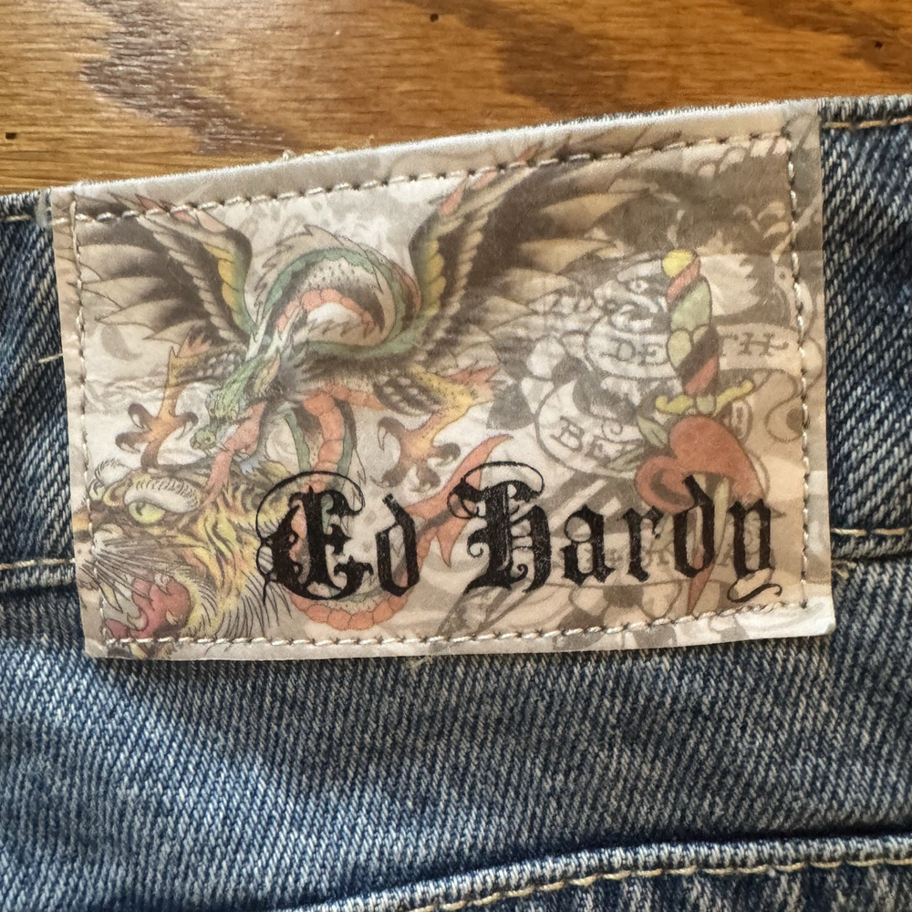 Ed Hardy Womens 30 Baggy Jeans Denim Painted Tattoo Graphic Tiger Koi Snake Y2K - Picture 10 of 16